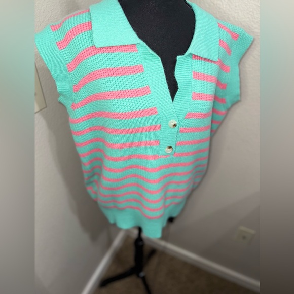 BIBI‎ Turquoise & Pink Striped Henley Sleeveless Sweater Top With Buttons - Picture 2 of 7